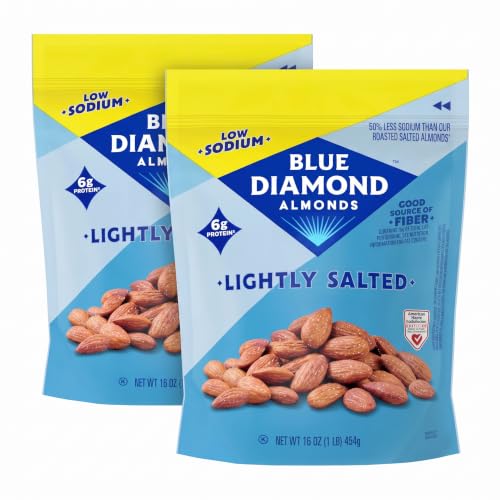 Blue Diamond Almonds Low Sodium Lightly Salted Snack Nuts, 16 Oz Resealable Bag (Pack of 2)