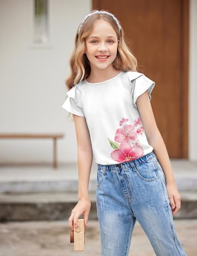 Image of Girls T Shirts Ruffle Short Sleeve Round Neck Loose Blouse Summer Solid Color Casual Girl Tee Tops for 3-12 Years