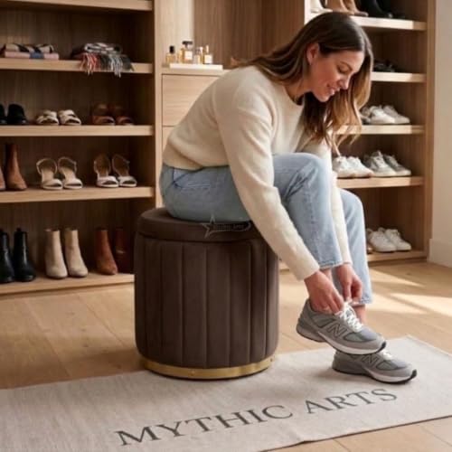 Image of Superior Round Storage Ottoman Stool with Gold Metal Base | Elegant Pouffe with Secret Storage | Cushioned Footrest for Living Room, Bedroom, and Lounge (Brown N, Small)