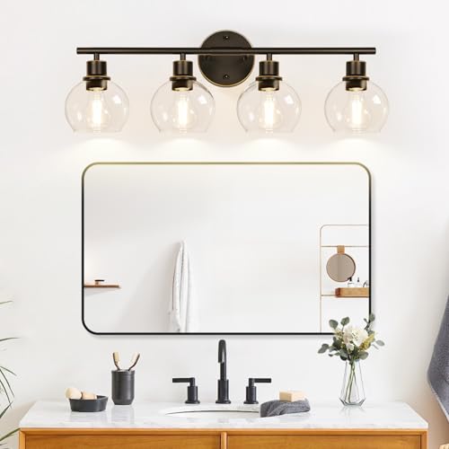 Image of Indoi 4-Light Bathroom Light Fixtures, Oil Rubbed Bronze Bathroom Lights Over Mirror with Clear Glass Globe Shade, Vanity Lights for Bathroom Kitchen Living Room Hallway Cabinet Bedroom Porch
