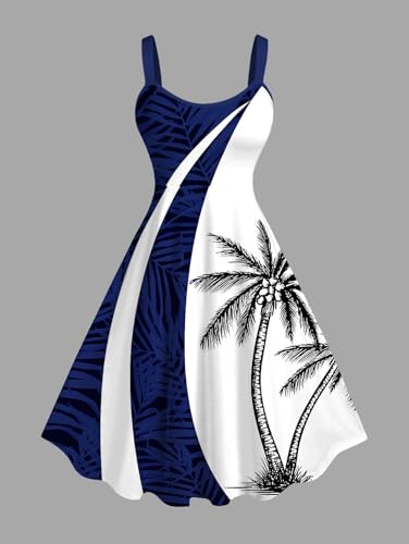 Image of ROSE GAL Matchable Couple Hawaiian Coconut Tree Print Shirt or Plus Size Knee Length Fit and Flare Tank Dress