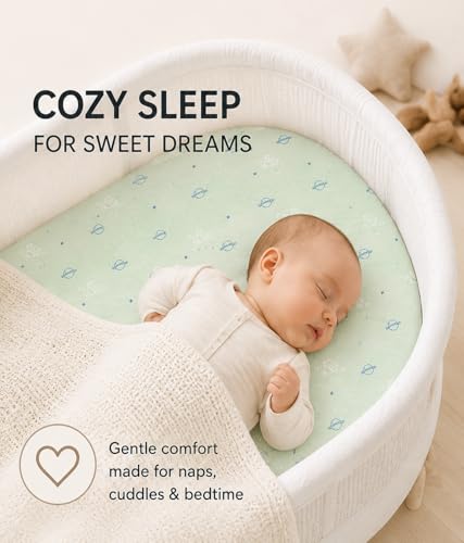 Image of Cotton Fitted Bassinet Sheets, 33x17x4, Sage Green-White-Blue, 3 Pack