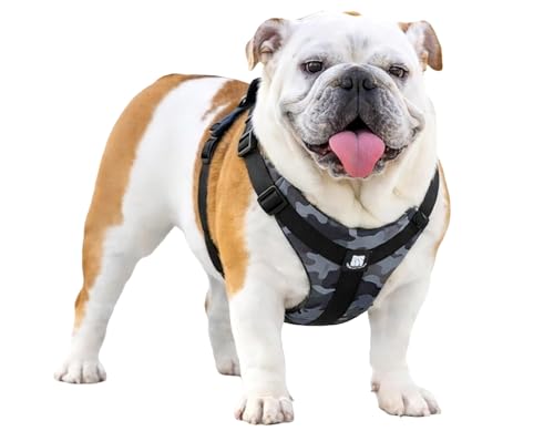 Bulldog Grade No-Pull Harness - Adjustable Wide Chest Fit Reflective Vest with Control Handle for English and French Bulldogs (Brave Black Camo Large)