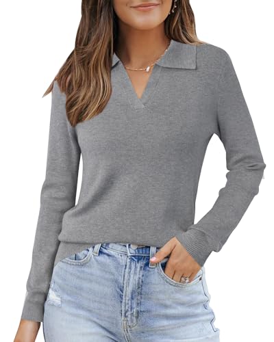 Image of Arach&Cloz Womens Wool Blend Long Sleeve Collared Fall Lightweight Pullover Sweaters Tops Business Casual Outfits Cashmere Work Clothes Professional Clothing Fashion 2025 Gray S