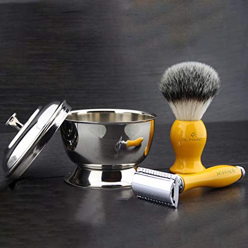 Jagshaving Yellow Men's Shaving Set with 5 Cut Razor, Synthetic Badger Shaving Brush and Shaving Bowl