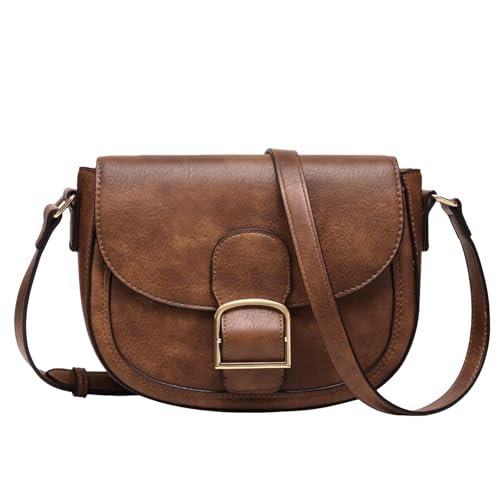 Kasgo Umhängetasche Damen, Vegane Leder Handtasche Kleine Schultertasche Retro Satchel Tasche Crossbody Bag für Frauen mit verstellbarem Gurt Braun