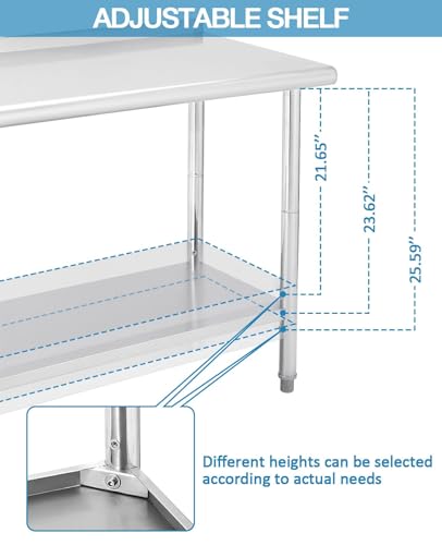 NSF 48" x 24" Stainless Steel Table, Work Table with Adjustable Undershelf, Detachable Trash Bag Holder, Metal Work Table Workbench for Home Kitchen Restaurant Outdoor