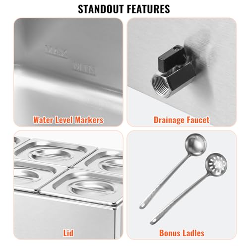 VEVOR kommerzieller Speisenwärmer 13,5 L Speisebehälter 6 x 1/6 Größe, elektrische Warmhalteplatte, 1200 W Profi Buffet-Wasserbad aus Edelstahl, Buffet-Bain-Marie, 30–85 °C Temperaturregelung – Bild 7