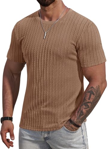 VOGSTART Men Textured Knit T-Shirt Ribbed Shirt Soft Top Man Walking Comfortable Popular Stylish Tee Khaki L