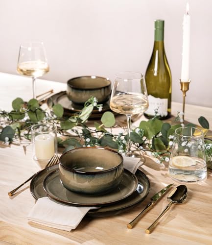 Image of TheTerra Ceramic Dinnerware Set for 4, 16-Piece Plates and Bowls Set | Handmade Reactive Glaze Dish Set, Scratch Resistant, Oven & Microwave & Dishwasher Safe, Mocha Brown