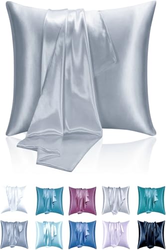 Lot de 2 Taies Oreiller en Satin, Oreiller Satin Satinées Housse d'oreiller Doux Prend Soin de Votre Peau et Antichute de Cheveux (Argenté, 65x65)