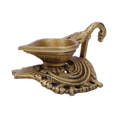 Image of Heavy Brass Diya for Temple | 100% Pure Brass Oil Lamp | Large Handcrafted Pooja Deepak with Antique Finish | Golden Yellow Indian Deepam for Home Mandir & Festive Decoration