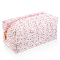 YBEATY Floral Makeup Bag Travel Cosmetic Bag Organizer Aesthetic Quilted Cute Pink Flowers Zipper Toiletry Make Up Pouch Portable Cloth Storage for Women Girls Pen Case