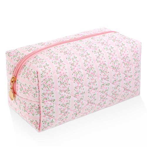 Floral Makeup Bag Travel Cosmetic Bag Organizer Aesthetic Quilted Cute Pink Flowers Zipper Toiletry Make Up Pouch Portable Cloth Storage for Women Girls Pen Case