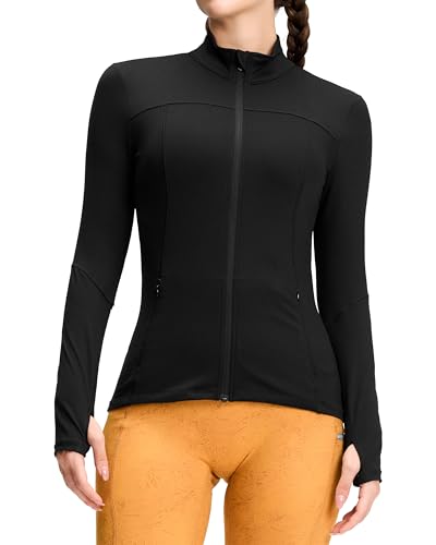 QUEENIEKE Damen Laufjacke Sportjacke Trainningsjack Langarm definieren Jacke Full Zip Leicht Atmungsaktive Sweatjacke mit Taschen Daumenloch für Fitness Yoga Jacke Schwarz S