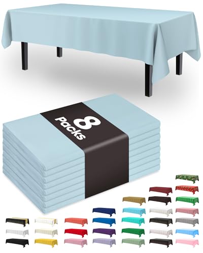 Pureegg Plastic Table Cloth Disposable 8 Pack, 54 x 108 Inch Table Cloths, Easter Party, Picnic, Wedding, Decorative Tablecloths, Rectangle, Baby Blue Plastic Cover, Leakproof & Sturdy, Light Blue