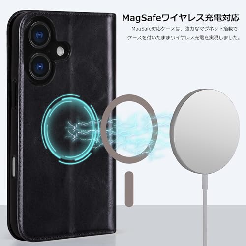 VISOUL iPhone16 対応 ケース 手帳型 本革 スマホケース アイフォン16 レザーMagSafe対応 アイホン16 横置きスタンド機能 カード収納 あいふぉん16 携帯ケース 全面保護 マグネット 耐衝撃に強いTPU素材カバー 6.1インチ対応 アイフォン16 ブラック
