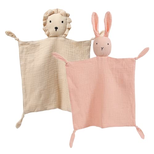 Image of insular Lovey Blanket for Boys and Girls, Cotton Muslin Security Blanket for Babies, Bunny Lion Lovie Soothing Towel for Newborn and Infant, 2 Pcs Set (Pink&Khahi)