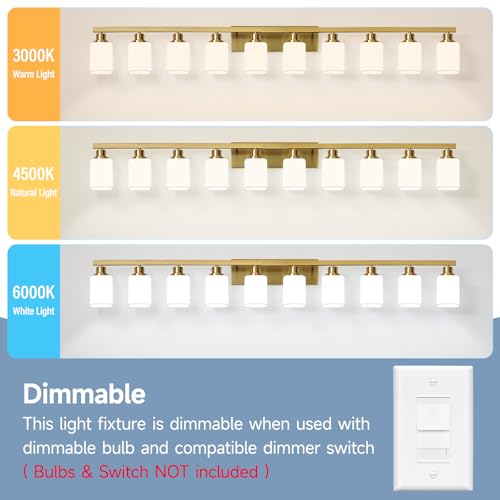 Image of Gold Bathroom Vanity Light,10-Light Brushed Gold Bathroom Light Fixtures with Square Frosted Glass,64.5in Wall Lamp Sconces for Mirror Bedroom,Living Room Hallway,E26