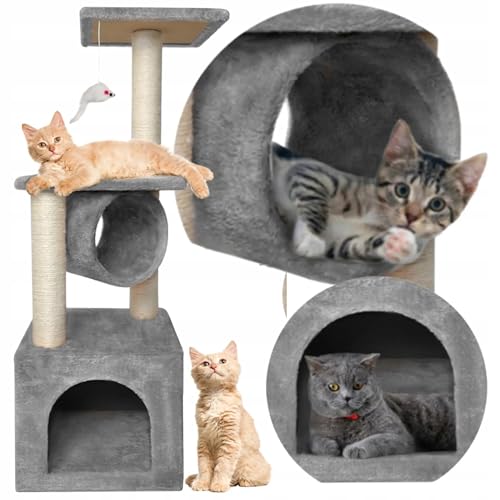 Tiragraffi compatto 90 cm, 4 ripiani, peluche, sisal, tubo, piattaforme 30 x 30 cm, beige, mouse giocattolo, ideale per piccoli appartamenti, design estetico