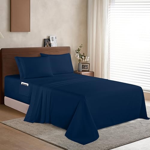 Elegant Comfort Luxury 1500 Premium Hotel Quality Microfiber 4-Piece Sheet Set - Soft, All Around Elastic 18-24 Inches Deep Fitted Sheet - Extra Deep Pocket Sheets, Twin/Twin XL, Navy Blue
