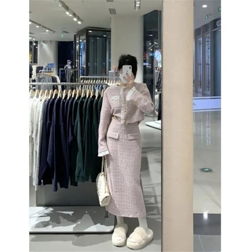 Women's Skirt Sets Pink O-Neck Flounce Short Coat+High Waist Wrap Hip Mid Length Skirt Small Fragrance Two Piece Clothing4
