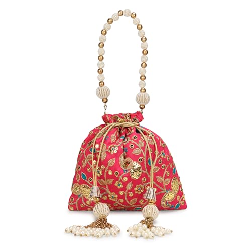 Image of LONGING TO BUY Indian Embroidered Pearl Potli Bag For Women, Sequence Design with Tassel, Wedding Potli Bags
