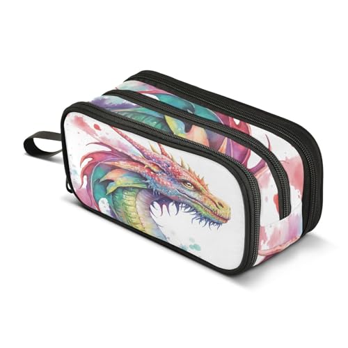 Image of Watercolor Dragon Pencil Case Box Boys Girls Large Pencil Pouch with Zipper Compartments Big Capacity Stationery Pen Bag Organizer for Kids Teens Adults School Office
