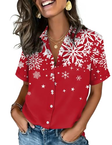 Image of Christmas Outfits for Women Button Down Shirts Short Sleeve Tops Cute Shirt