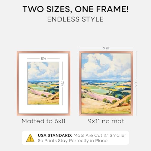 Image of Homeforia 9x11 Rose Picture Frame, High-End Metal, 6x8 Mat, Glass | High End Aluminum, Tempered Glass, Acid-Free 6x8 Removable Mat, 9x11 in Edge-to-Edge Display 11x9, Wall Kit, Set Of 1