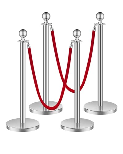 VEVOR Poteau de guidage, 4 pcs, barrière de balisage pour contrôle de foules, avec base creuse, 2 cordes velours rouge et poteaux argentés en acier inox,...