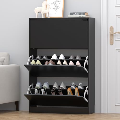 Image of HUANLEGO Black Shoe Cabinet for Entryway with 3 Flip Drawers, 31.5 inch W | Hidden Shoe Rack for Entryway, Freestanding Shoe Storage for Hallway,, Living Room, Entrance Organizer Closet