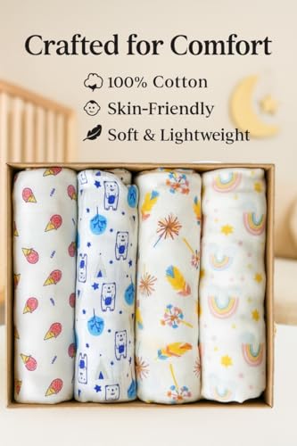 Image of Swaddle for Babies -100% Muslin Cotton Soft Swaddle /Blanket /Multipurpose Wrap for New Born Baby Girl & Boy | Perfect for Gifting | 100 x 100 cm | 0-6 Months, Set of 4
