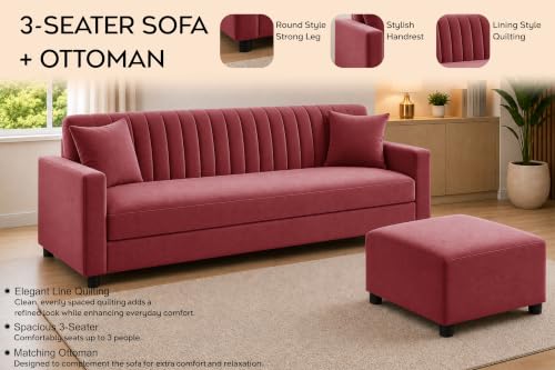 Image of 3 Seater Sofa with Ottoman | Modern Upholstered Couch | Vertical Channel Tufted Backrest | Comfortable Cushioned Seating | Contemporary Sofa Set for Living Room - Rose Pink Color