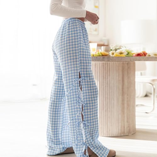 Image of Y2K Gingham Pants for Women Bow Tie Side Slit Wide Leg Lounge Bottom Plaid Checkered Loose Fit Going Out Pants