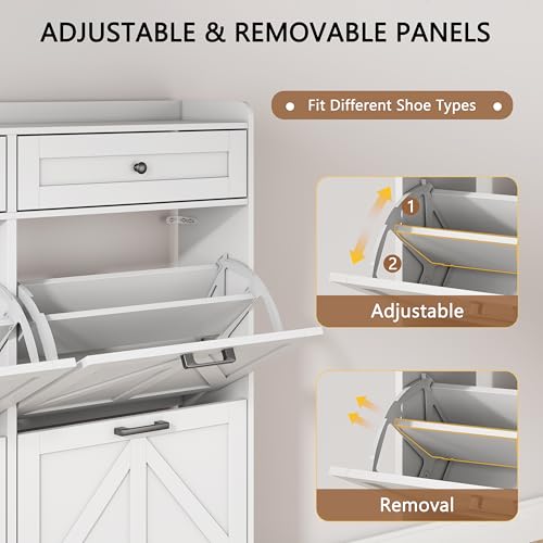 Image of Shoe Cabinet with 4 Flip Drawers & 2 Top Drawers, 43 inch Tall Freestanding Shoe Storage Organizer for Entryway, Wooden Narrow Hidden Slim Shoe Rack for Front Door Entrance, Hallway, Living Room, White