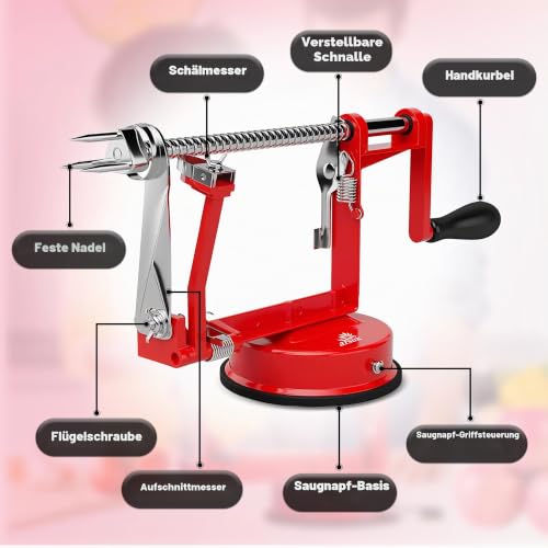 Foto von Apfelschäler Schneider Entkerner – (Zusätzliche 2 Klingen & 1 Entkerner) 3-in-1 Küchen-Schälmaschine für Gemüse und Obst, Edelstahl Verstellbare Klinge, Rutschfester Saugfuß