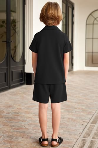 Image of Arshiner Toddler Boys 2 Piece Summer Outfits Waffle Knit Short Sleeve Button Down Shirt & Casual Shorts Sets Size 2-7