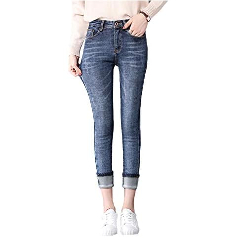 Huazhu Womens Fleece Lined Jeans Thick Winter Trousers High Waisted Stretch Denim Pants (Light Blue, XS) Cover