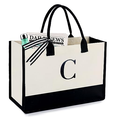 Image of BeeGreen Embroidery Monogram Initial Tote Bag for Women Teacher Mom Friend Personalized Gift for Birthday Beach Work Wedding