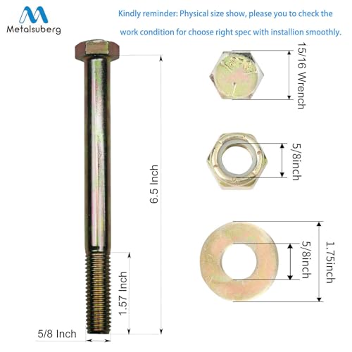 Image of 5 /8 inch x 6-1 /2 inch Hex Head Bolt by Color Galvanization with Nylon Lock nut and Large Size Washer Assortment Kit,Alloy Steel,Grade 5.(4pcs Pack). by Metalsuberg
