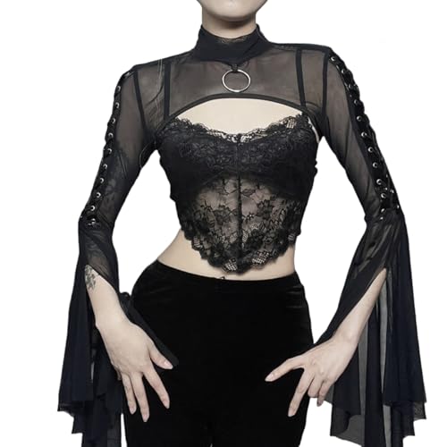 Boléro Gothique Punk en résille pour Femme avec Manches Cloches, Noir, Taille L