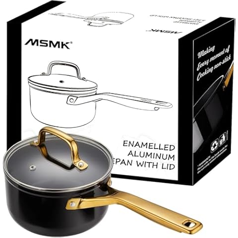 MsMk 1.5 QT Enamel Black Sauce Pan with Lid, Designed Enamel Exterior Coating Withstand High Temperature And Fade Resistance, Pfoa Fre, Burnt Also Non Stick, Oven Safe, Dishwasher Safe Cover
