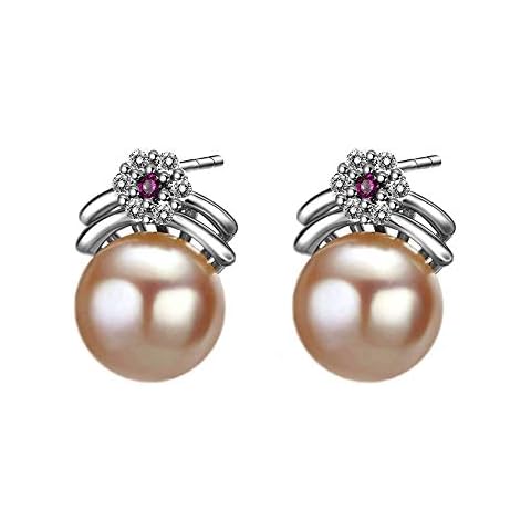Silver Post Freshwtar Culture Pink Pearl Earrings Stud With Red Flower Crystal Cover