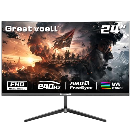 Great voell 24 Zoll 240 Hz Curved Gaming Monitor, MPRT 1 ms VA-Display, FreeSync, niedrige Bewegungsunschärfe, für FPS-Gaming, Rahmenlos, FHD 1920x1080, HDMI/DP, VESA