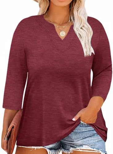 MK Shop Limited Plus Size Women Blouses V Neck 3/4 Sleeve Tops Casual Business Loose Fit Tunic T Shirts