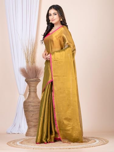 Image of Women's Tissue Cotton Saree | Plain Lightweight Tassel Pallu Saree with Blouse