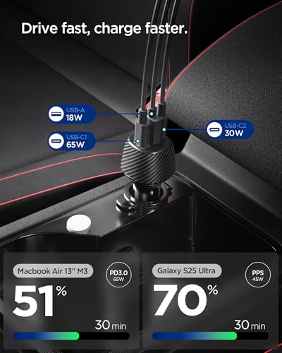 Image of Spigen Triple Port Car Charger Total 113w(65w+18w+30w), PPS, Cable Included, Quick and Super Fast Charging for iPhone Series, Galaxy Series, iPad, MacBook & More (EV1133) - Black