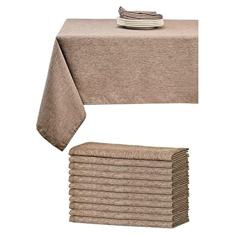 Mebakuk Rectangle Tablecloth and Cloth Napkins Set of 12, Anti-Shrink Soft and Wrinkle Resistant Decorative Fabric for Wedding Party Restaurant Dinner Parties (52 x 70 Inch Flaxen) Cover