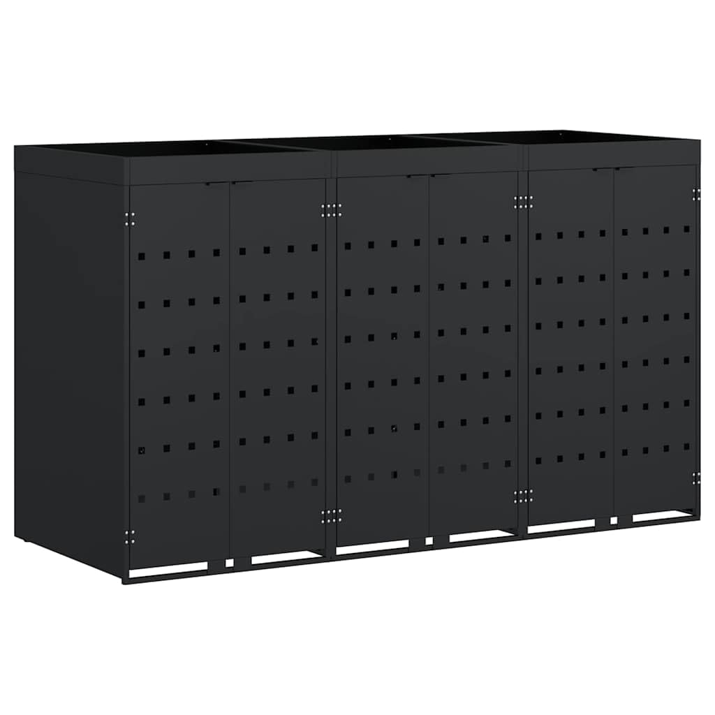 Mülltonnenbox für 3 Tonnen, Mülltonnenverkleidung für 3 Behälter Schwarz, 204 x 77,5 x 121,5 cm, aus pulverbeschichtetem Stahl mit Pflanzen-Dach, erweiterbares belüftetes Design